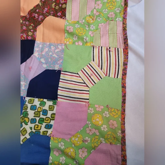 Vtg 70s Boho patchwork Quilt XL 80x80 Bow Tie Multi Color Prints HomeMade